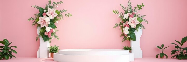 A stunning white podium standing alone on a soft pink background adorned with elaborate floral designs and lush greenery, modern style, luxury setup