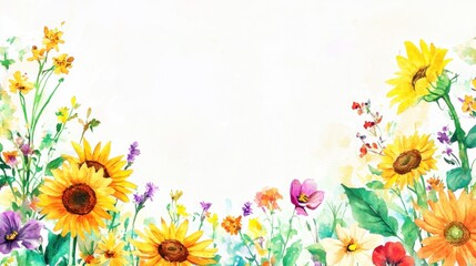 Watercolor painting of sunflowers and wildflowers with a white background.