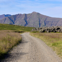 Gravel road leading through a picturesque Icelandic landscape. Green meadows, mountains, and blue sky. Peaceful and serene atmosphere. Travel, nature, and exploration concepts.
