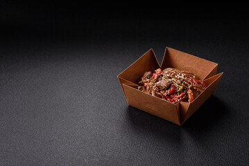 Delicious spicy Asian food soba with buckwheat noodles, beef, vegetables