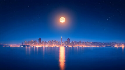 City skyline at night, full moon reflecting on water, ideal for travel brochures or website backgrounds