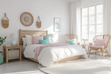 Fototapeta premium A bright guest room with white walls, natural wood furniture, and soft pastel accents