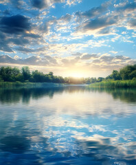 Obraz premium Serene River Landscape at Sunset with Reflective Water and Dramatic Clouds : Generative AI