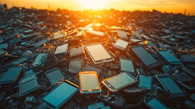 A sunset casts a warm glow over a heap of discarded smartphones, symbolizing electronic waste and environmental concerns, This image can illustrate articles on recycling, tech waste