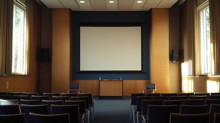 a room with a projector screen and chairs