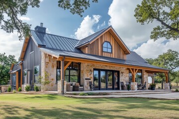 A modern Barndominium house style farmhouse with a combination of stone and wood exterior, featuring a metal roof and large windows. Surrounded by greenery and a spacious patio area.