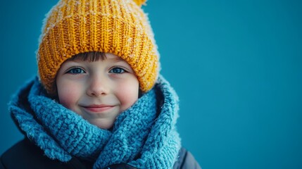 A cheerful child in a bright yellow knit hat and a cozy blue scarf smiles against a soft blue background, This image is ideal for winter campaigns, children's clothing, or heartfelt family themes,
