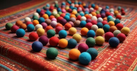 Naklejka premium A tablecloth covered with a pattern of colored woolen balls, ball decoration, textiles