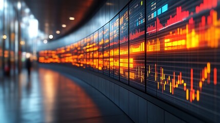 Curving digital display showing financial data.