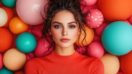 Obraz premium A young woman poses against a vibrant backdrop of colorful balls, highlighting her stylish red outfit. Her hair is elegantly styled, and her makeup enhances her features, capturing a festive mood.