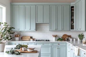 A coastal kitchen with light blue cabinetry, white countertops, and soft wooden textures
