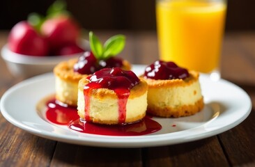 Curd cheesecakes decorated with cherry jam on a white plate on a wooden table. Healthy breakfast with cottage cheese
