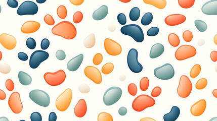 Fototapeta premium Colorful paw prints and pebbles seamless pattern background for pet-related designs