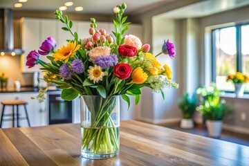 Fototapeta premium A vase filled with fresh colorful flowers and greenery in a modern home decor setting, decor, arrangement, home