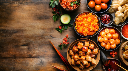 Fototapeta premium Variety of Traditional Asian Dishes on Rustic Wooden Table Gourmet Cuisine Presentation : Generative AI