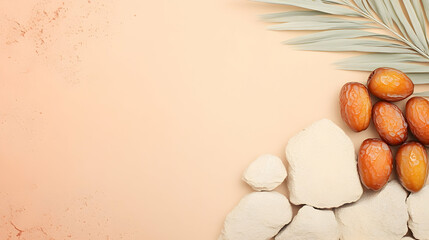 Dates, palm leaf, stones on peach background.  Food photography for website or blog