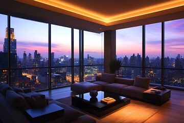 Fototapeta premium A Modern Penthouse Living Room with Floor-to-Ceiling Windows, Sleek Furniture, and a View of the City Skyline at Dusk