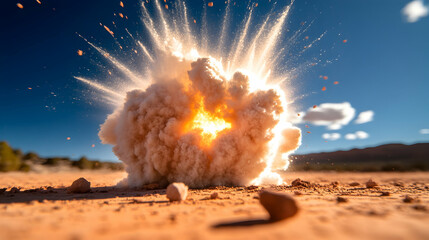 Desert explosion, bright sunlight, dust cloud, red rocks, explosion testing