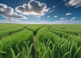 Obraz premium A vibrant green field of wheat stretches out as far as the eye can see under a clear blue sky with just a few wispy clouds , open space, rural beauty