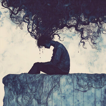 A lonely person sits on the edge of a bed, surrounded by swirling thoughts and emotions. Depression and stress concept.