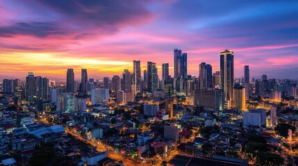 Fototapeta premium A panoramic shot of a dense urban skyline at dusk, with tall skyscrapers lit up against the darkening sky and a lively cityscape illuminated below.