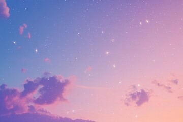Fototapeta premium A dreamy gradient sky blends blue, purple, and pink tones with scattered sparkling stars, creating ample negative space suitable for text overlays in a stylish cosmic theme