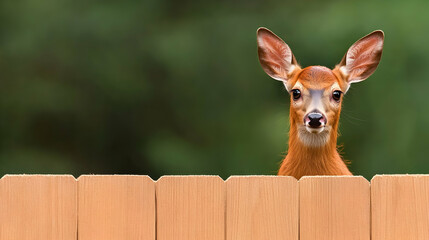 Curious fawn peeking over wooden fence in backyard, green foliage background. Perfect for nature, wildlife, or children's book illustrations