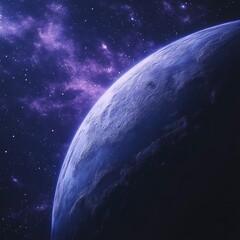 Fototapeta premium A stunning view of a distant planet illuminated by a vibrant lavender galaxy, encompassing deep space's intrigue, Perfect for space-themed projects, educational materials, or imaginative artwork,