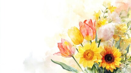Watercolor painting of tulips and sunflowers.