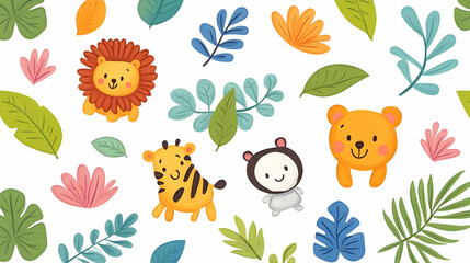Cute jungle animals and tropical leaves pattern; ideal for kids' clothing, fabrics, or wallpaper