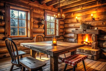 A wooden table with a warm and cozy atmosphere in a rustic cabin, cabin, natural