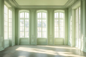 Fototapeta premium Parisian Elegance A Luxurious Mint Green Room with Sunlit Grace
