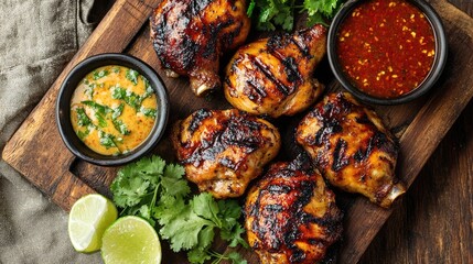 A rustic wooden table setup with a serving of Som Tum and grilled chicken, complemented by dipping sauces and garnishes like cilantro and lime for an authentic look.