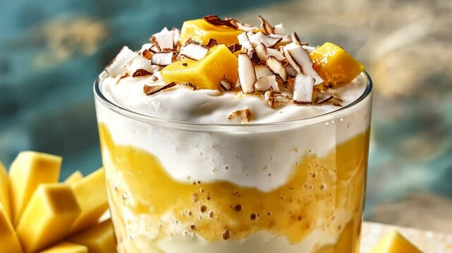 Tropical mango parfait with coconut flakes and cream presentation
