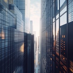 A modern metropolis with sleek skyscrapers seen in slight perspective, it is 1 PM afternoon, we can't see the sun, there is no clound in an ultra realistic version in 4k 