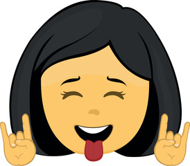vector illustration yellow emoji face character woman cartoon, making the classic heavy metal gesture with hands and sticking out tongue