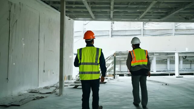 Construction engineers in safety gear walking across unfinished building site, checking structural progress and development stages. Construction work concept