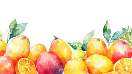 Watercolor painting of vibrant mangoes, lemons, and oranges with green leaves.