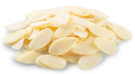 Almond flakes, slices of blanched almonds nuts isolated on white background. File contains clipping...