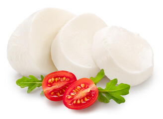 Slices of mozzarella cheese ball with tomato and arugula leaves on white background. File contains clipping path.