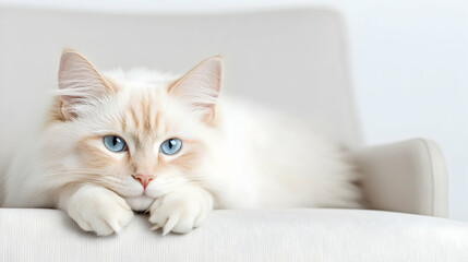 Fototapeta premium Elegant Ragdoll cat resting on a light beige armchair, indoors, serene background, ideal for pet product advertising