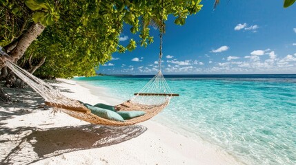 Tropical beach hammock relaxation, turquoise ocean, palm trees, sunny sky, travel getaway
