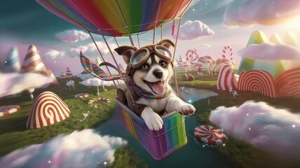 Whimsical Journey Puppy Soars Over Candyland in a Hot Air Balloon