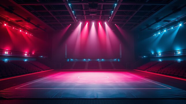 Spotlit Wrestling Mat in an Empty Arena	