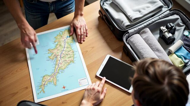 Travelers planning adventure road trip route on paper map with packed suitcase