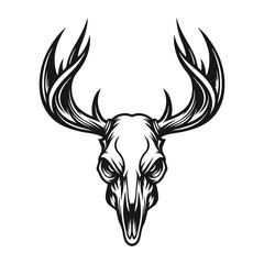 Monochrome deer skull with antlers illustration, detailed black and white vector art, rustic wildlife symbol, hunting or tribal design  
