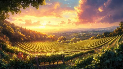 Naklejka premium A sunrise over a vineyard with the early morning light highlighting the rows of grapevines and creating a warm, inviting glow across the landscape.