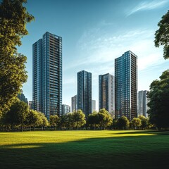 Obraz premium modern architecture appartement buildings, 3d, summer, blue sky, green park foreground, city background, nice atmosphere, cinematic, architecture 