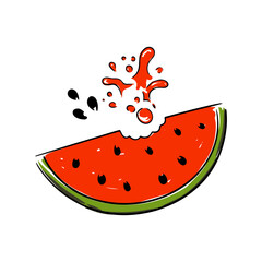 Colorful hand drawn vector of a juicy watermelon slice with splashes and seeds vector illustration