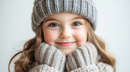 A cheerful girl wearing a cozy knitted hat and sweater, smiling warmly, This image is perfect for seasonal marketing, children's clothing promotions, or family-oriented advertising,